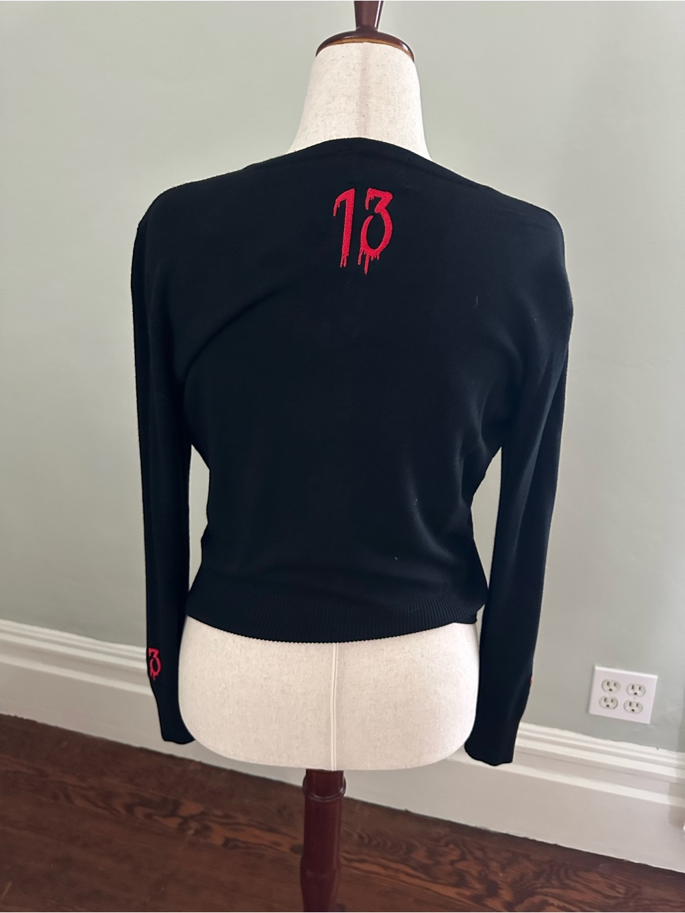 Black Cardigan Sweater with Unlucky 13 Red Cat Embroidery - Picture 2 of 5